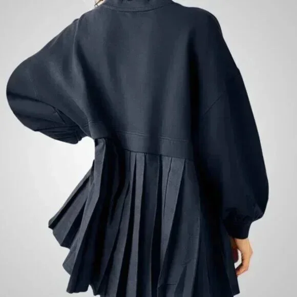 Long Sleeve Pleated Hem Sweater Dress Muted Navy Blue - Picture 4 of 5
